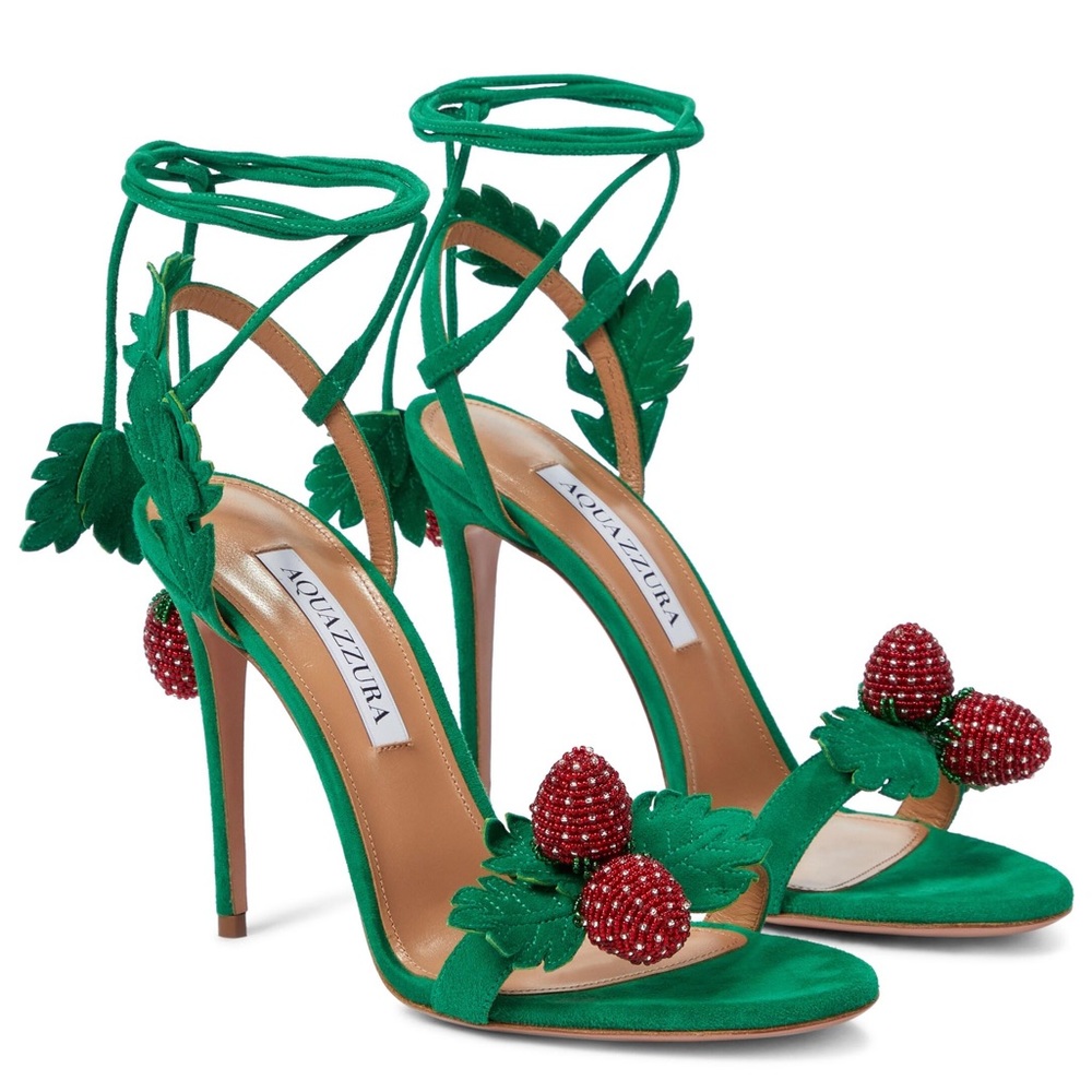 EUC Aquazzura Green Fragolina 105 Embellished Suede Sandals 37 $1,295 - Picture 9 of 17
